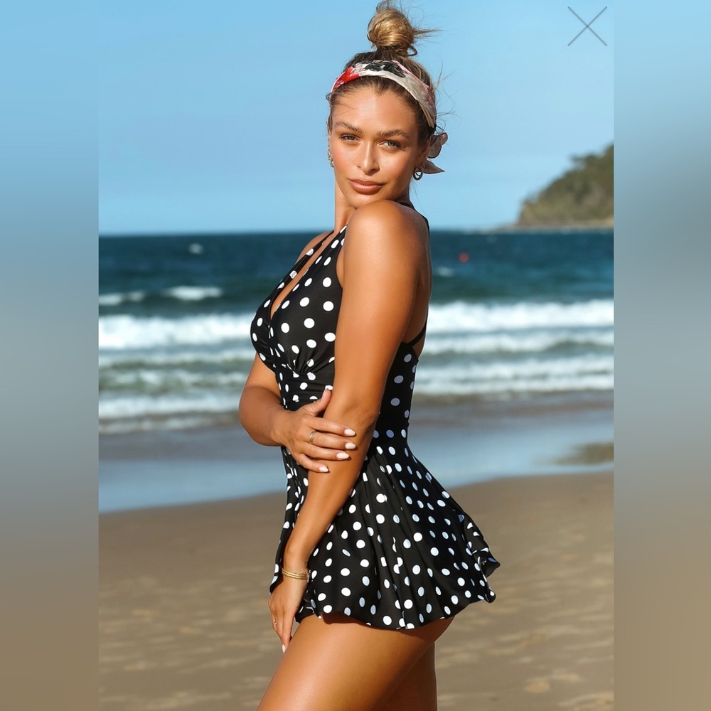 ROTITA Criss Cross Back Polka Dot Swimdress And Shorts Black XL US16-18